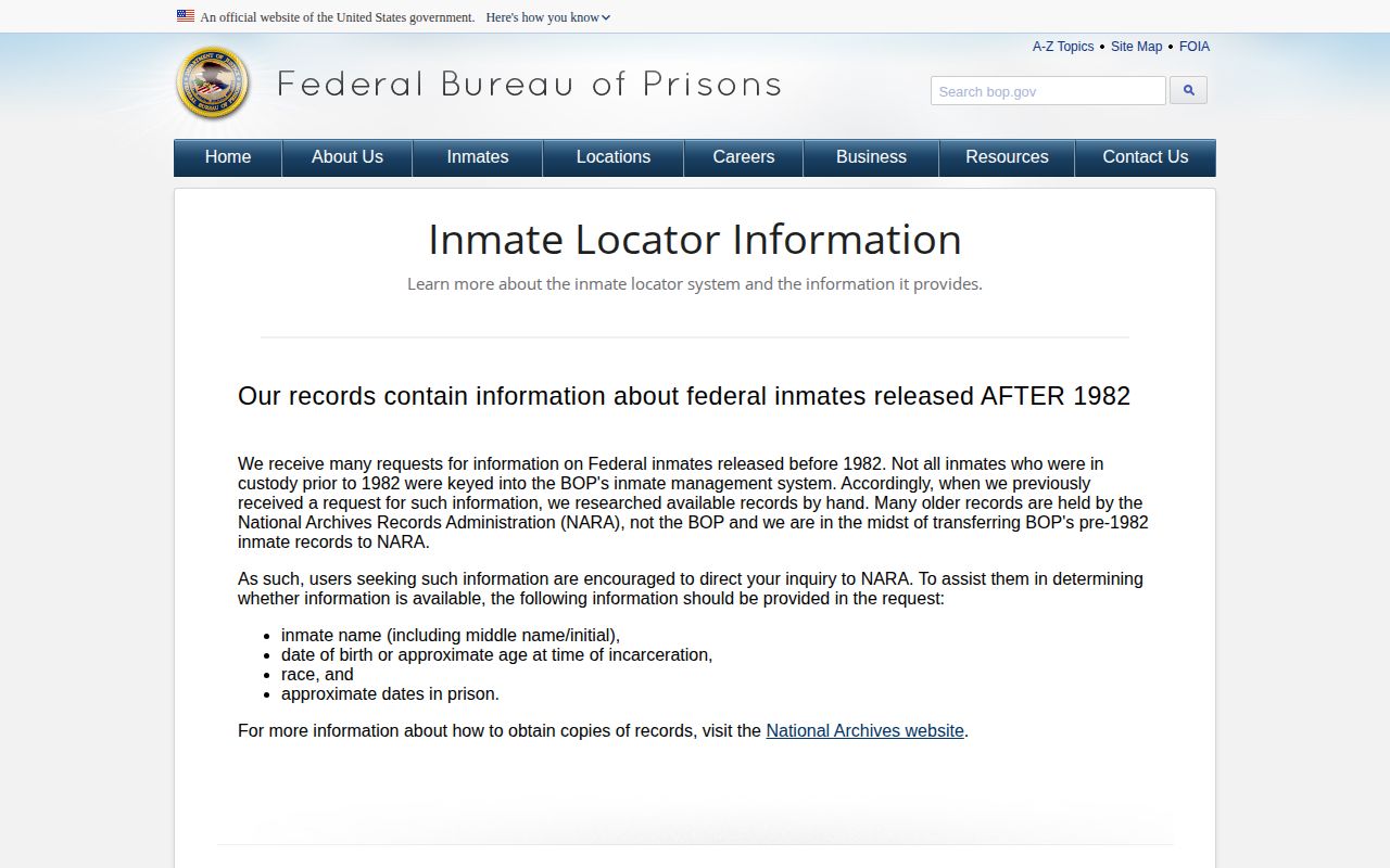 Federal Bureau of Prisons locator record guidance for a Hodgeman County federal release search