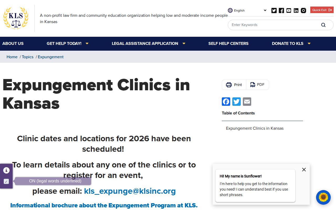 Kansas Legal Services expungement clinic schedule page