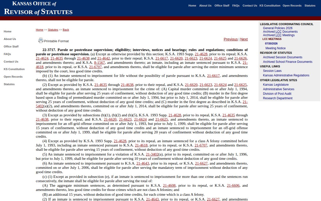 Kansas parole eligibility and postrelease statute page