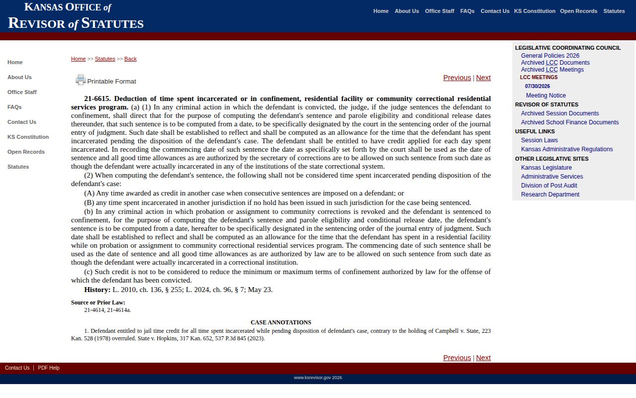 Kansas jail-credit statute page