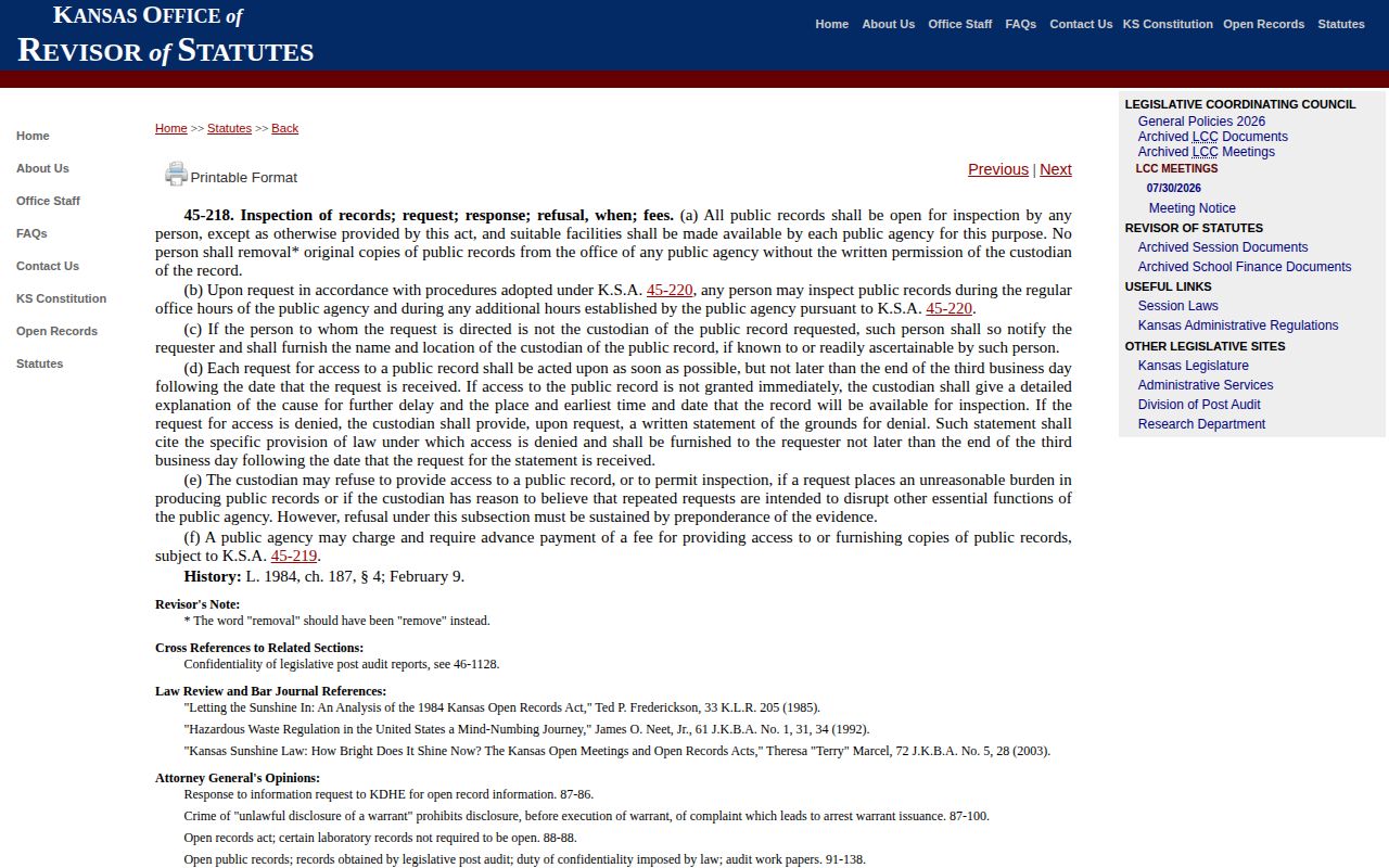 Kansas statute page for public-record inspection and copying